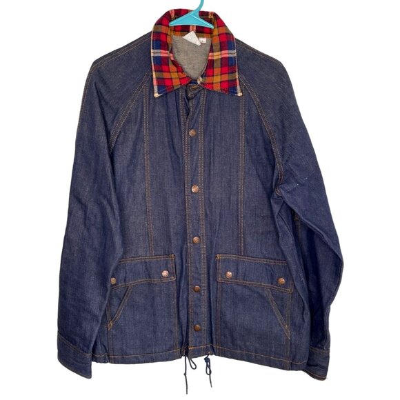 Vintage 60s Dark Blue Denim Jean Jacket Barn Coat Womens Size L Hong Kong